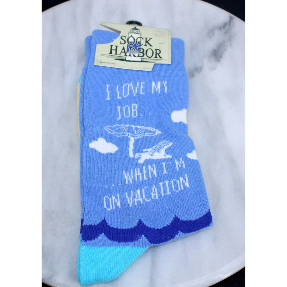 Sock Harbor I Love My Job Vacation Novelty Crew Socks Blue Yellow SHMC-008 NEW